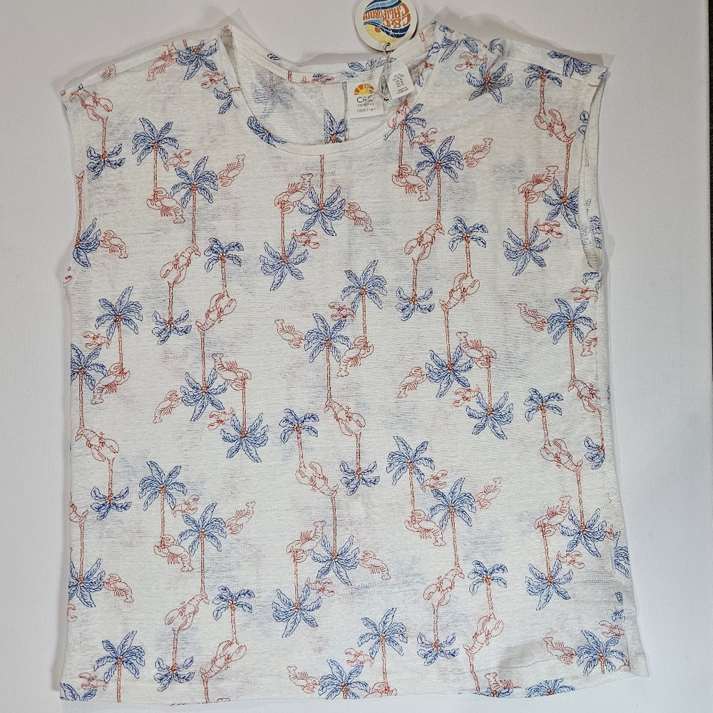 C&C California Womens Linen Top XL White Palm Tree‎ Lobster Print Tropical Beach